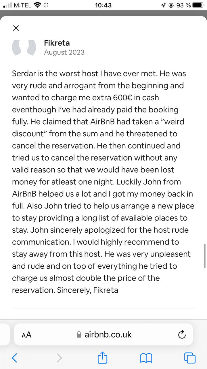 Serdar Kaksi AirBnB Reviews